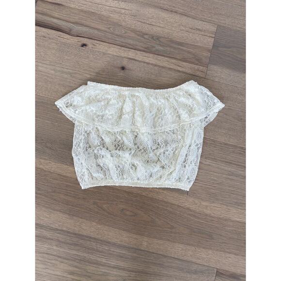 Forever 21 Womens Cream Lace Ruffle Tube Crop Top Size Medium - Picture 4 of 7